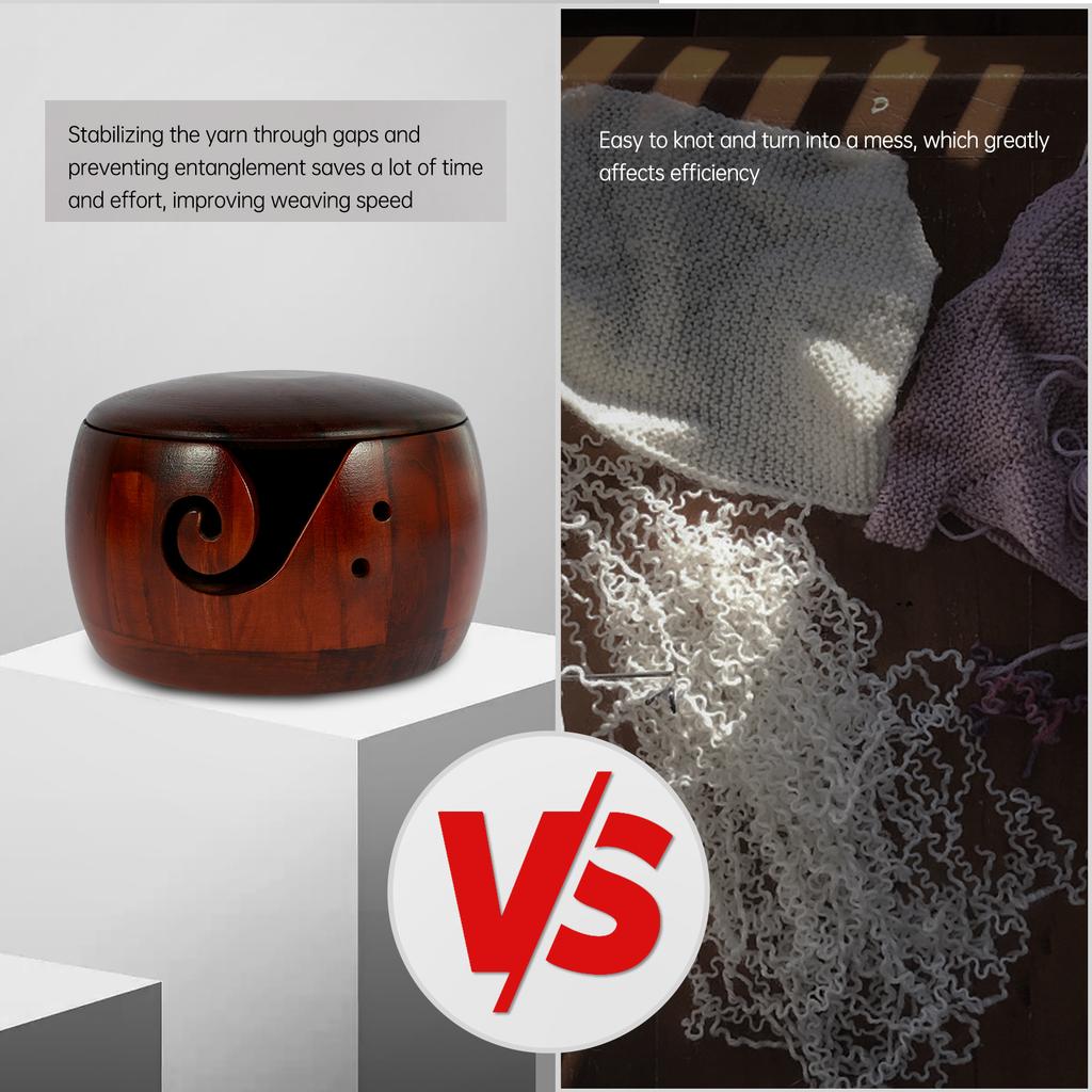Wooden Yarn Bowl Round Crochet Bowl Holder with Holes Pine Knitting Yarn Bowls Wooden Weaving Thread Bowl with Lid Portable