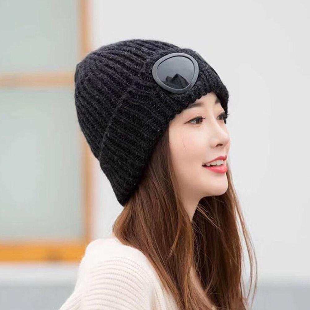 Warm Woolen Yarn Skiing Hat with Fake Windproof Glasses Stylish Knitted Cap New Year Christmas Gift