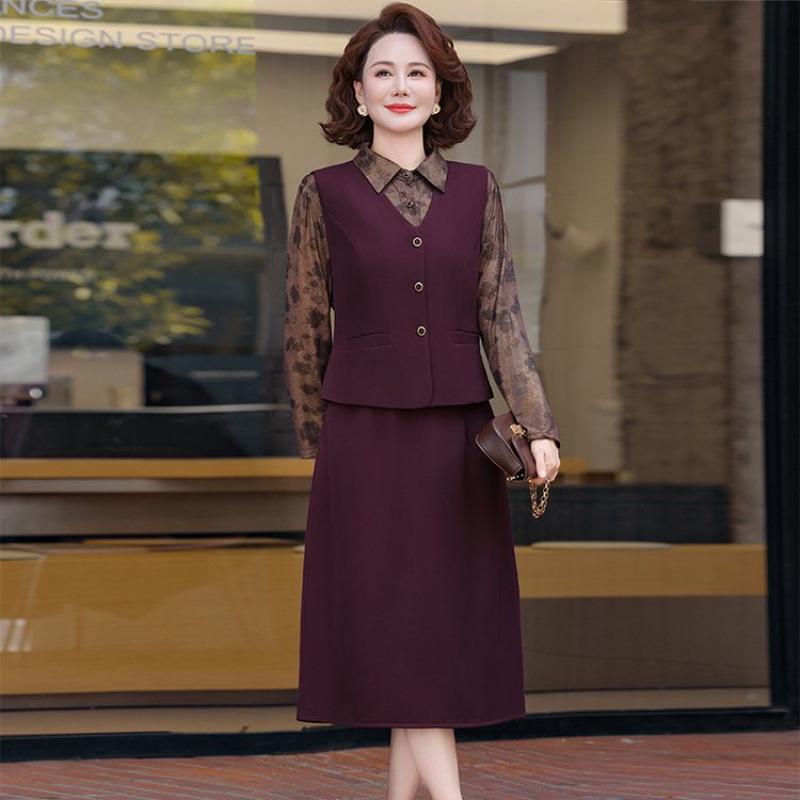 

Chic Spring & Autumn Long-Sleeve Dress and Vest Set for Middle-Aged Women 4XL [130-140 kg recommended]