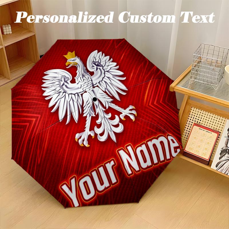 8 Rib Auto Folding Umbrella Poland Print Custom Name Text Portable Rain Gear