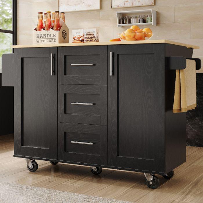 Kitchen Island - MUVOE - Black - Removable Casters - 3 Drawers - High-quality Dense Panel