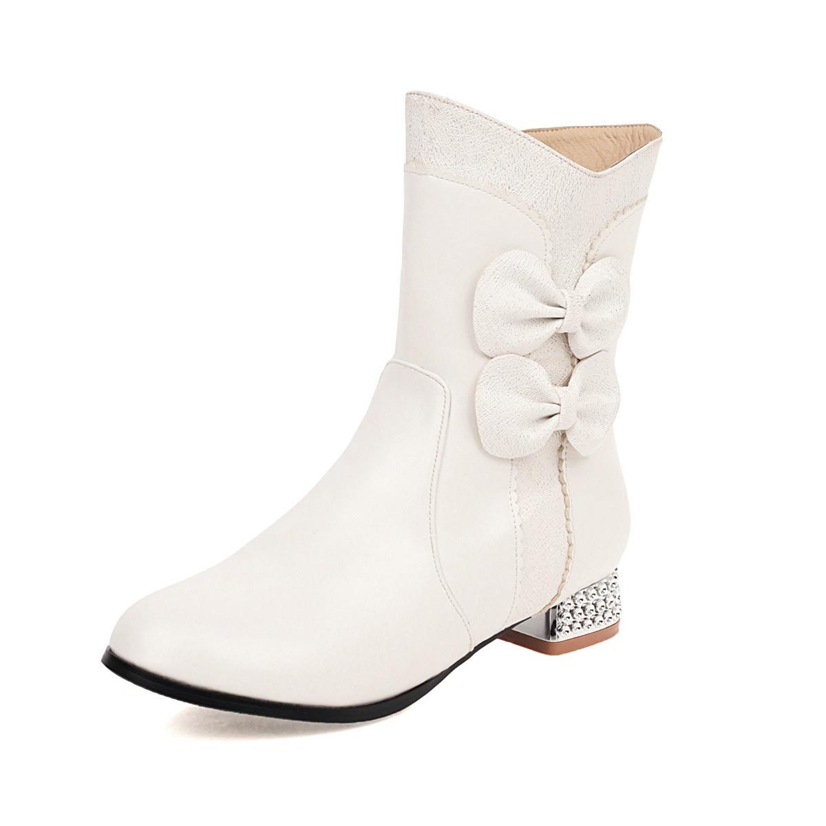 

Autumn Winter Girls Boots New Style Sweet Bow Zipper Mid Boots High Heel Women s Boots Pink Lolita Student Boots Plus Size 28-43 28(19cm)