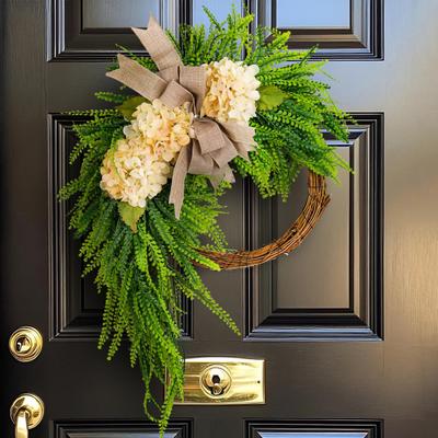 Artificial Hydrangea Wreath for Front Door 16 Inch Lifelike Floral Wreath with Burlap Bow for Door Wall Wedding Party Home Farmhouse Decoration