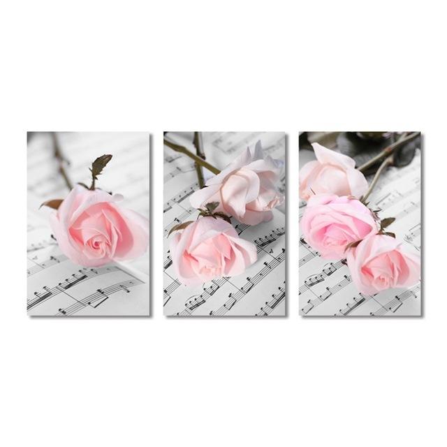 Literarisches Blumenplakat, romantische rosa Rose auf dem Personal, Druck, Leinwandmalerei, Kunstwand für Wohnzimmer, Schlafzimmer, Wohnkultur