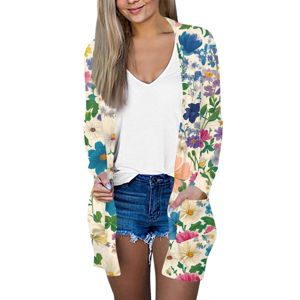 Dam Casual Mode Blommig Tryck Långärmad Mellanlång Kofta Jacka