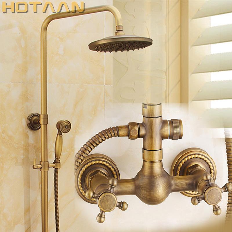 Luxury NEW Bathroom Surface Mount Brass Rainfall Shower Faucet Set Antique Brass with Handshower + Tub Spout + 8" Shower Head