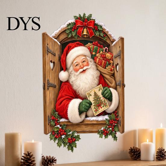 Self Adhesive Glass Stickers 3D Santa Claus Christmas Wall Sticker, Vintage Through Wooden Window Decal, Seasonal Home Decorations Removable Peel And