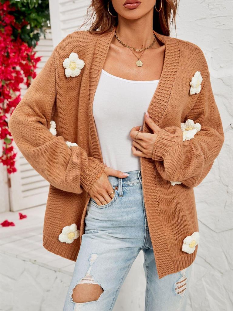 New Winter Floral Cardigan Long Sleeve Knit Sweater Coat for Women