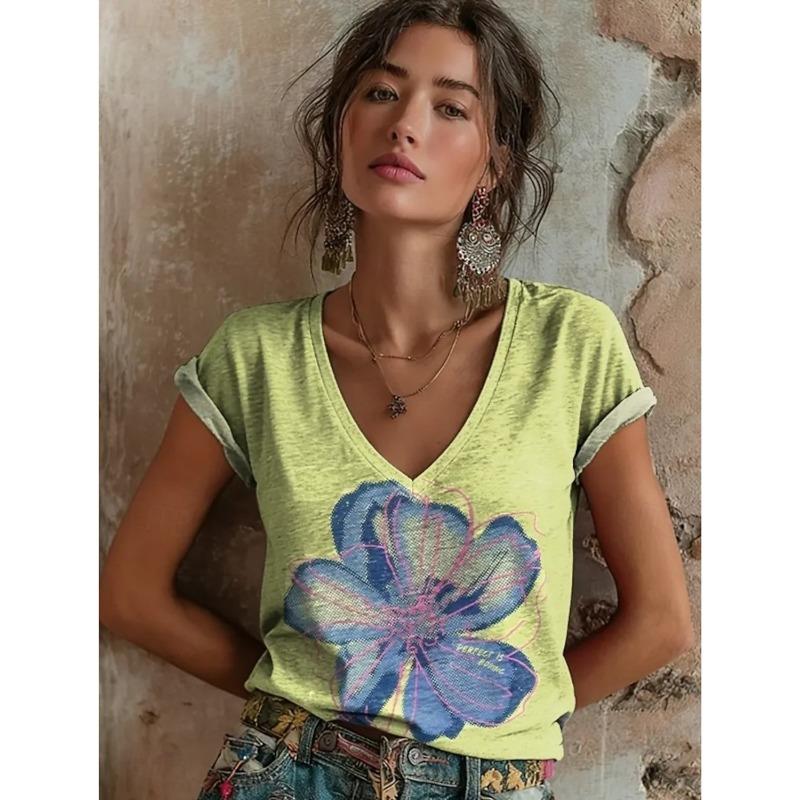 

Women s Vintage Classic Stylish V Neck Short Sleeve T-Shirt Floral Plants Graphic Print Casual Regular Tops Wear for Summer S