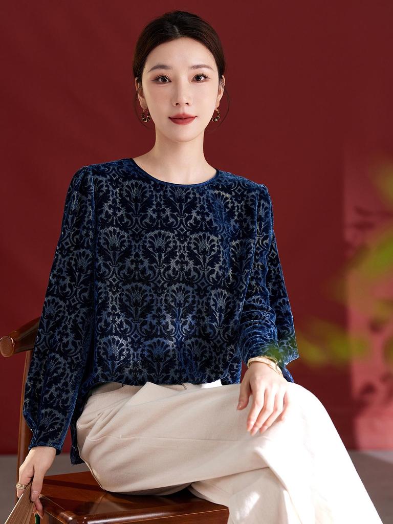 2025 Camicetta Casual Girocollo Manica Lunga in Velluto di Seta Mulberry Burnout 1853