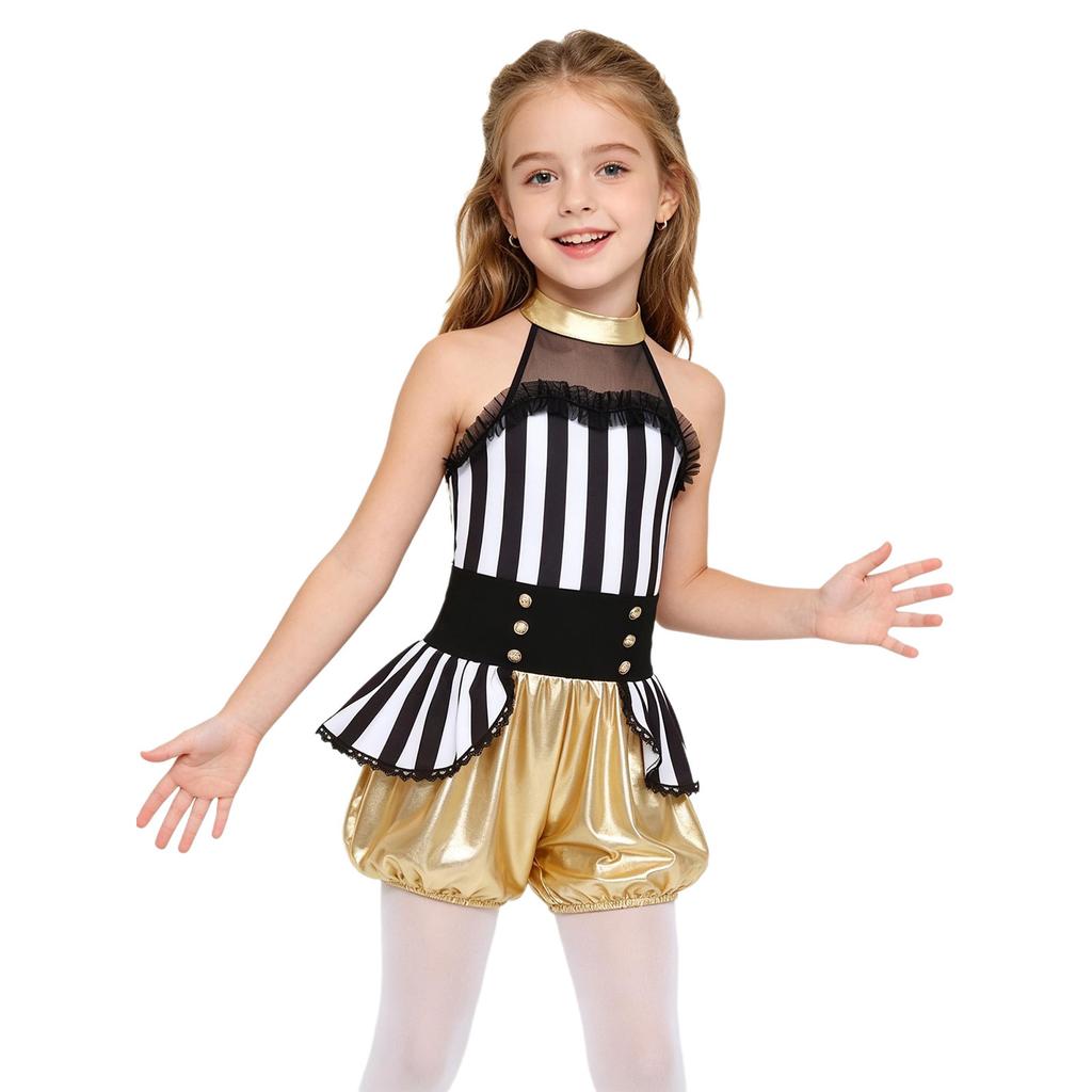 Costume Jumpsuit da Domatore di Circo per Bambina Senza Maniche Patchwork Vita Sovrapposta Romper Metallico