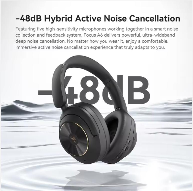 Oneodio Focus A6 -48dB ANC Wireless Bluetooth 6.0 Headphones Hybrid Active Noise Cancelling Over-Ear Headset with Mic Hi-Res APP