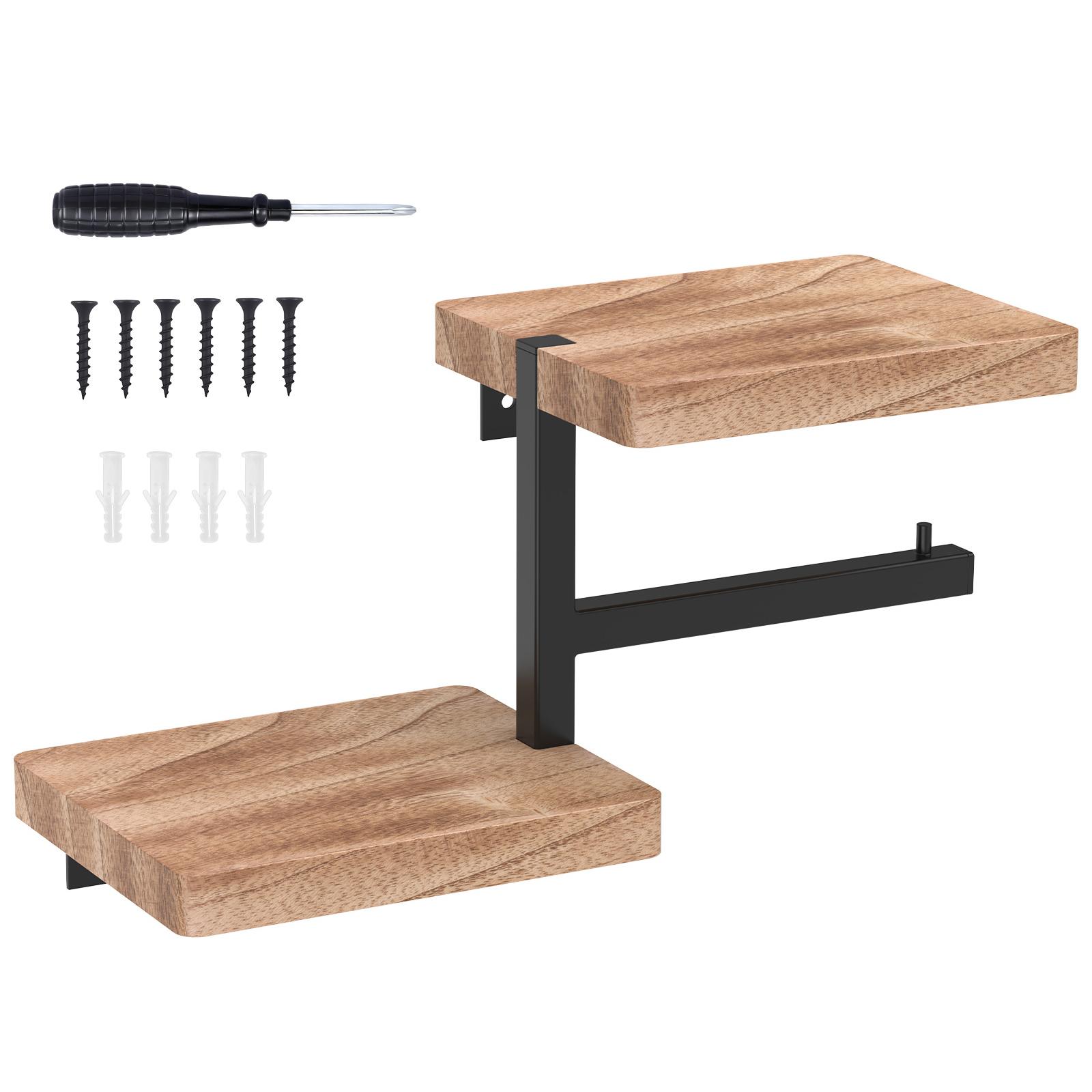 

Toilet Paper Holder with Wooden Shelf Wall Mounted Tissue Roll Dispenser Hanger Decorative Bathroom Bar Kitchen Accessories