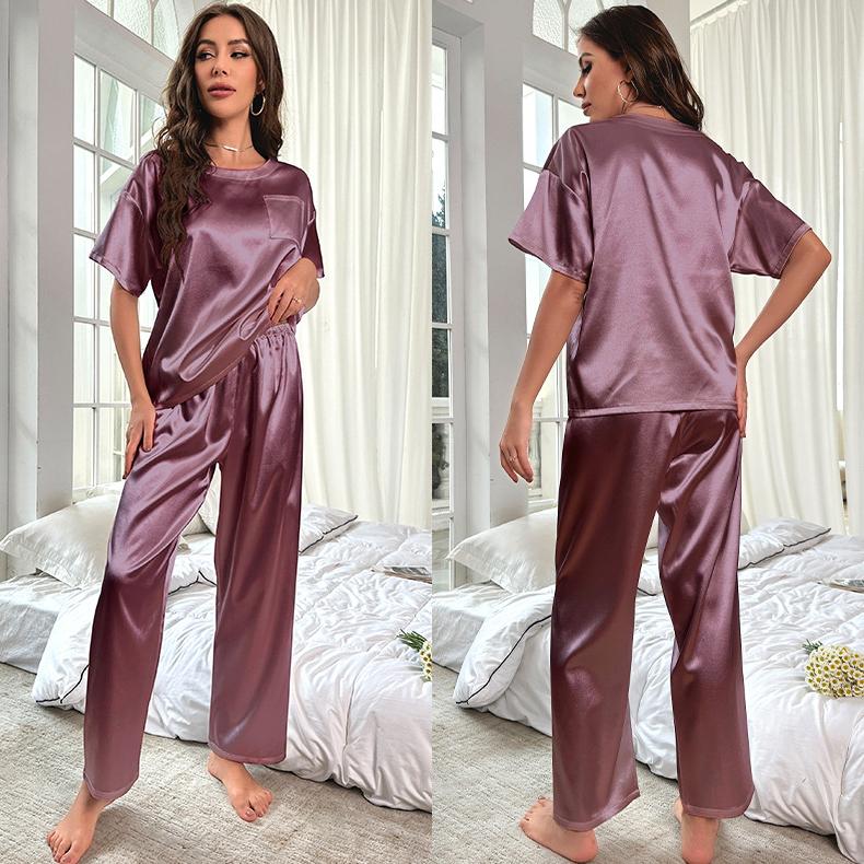 Ensemble de pyjama d'été en soie glacée pour femme, 2 pièces, couleur unie, manches courtes, pantalon long, vêtements de détente décontractés et amples