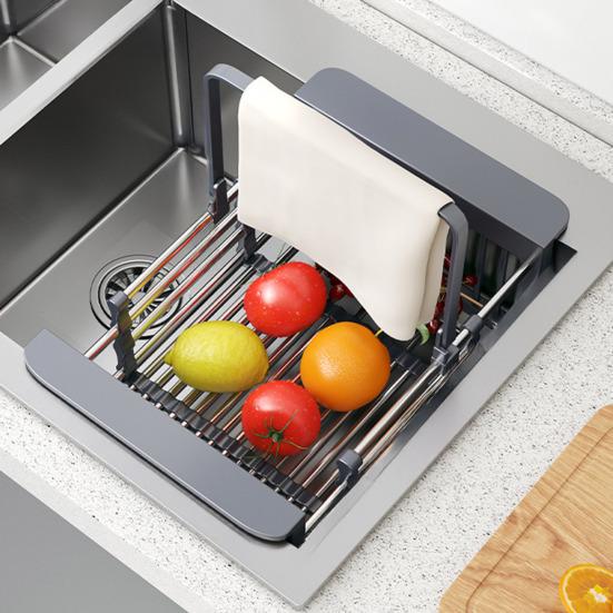 Stainless Steel Adjustable Expandable Rack Multifunctional Kitchen Sink Drain Basket with Dish Drying & Rinsing Non-Slip