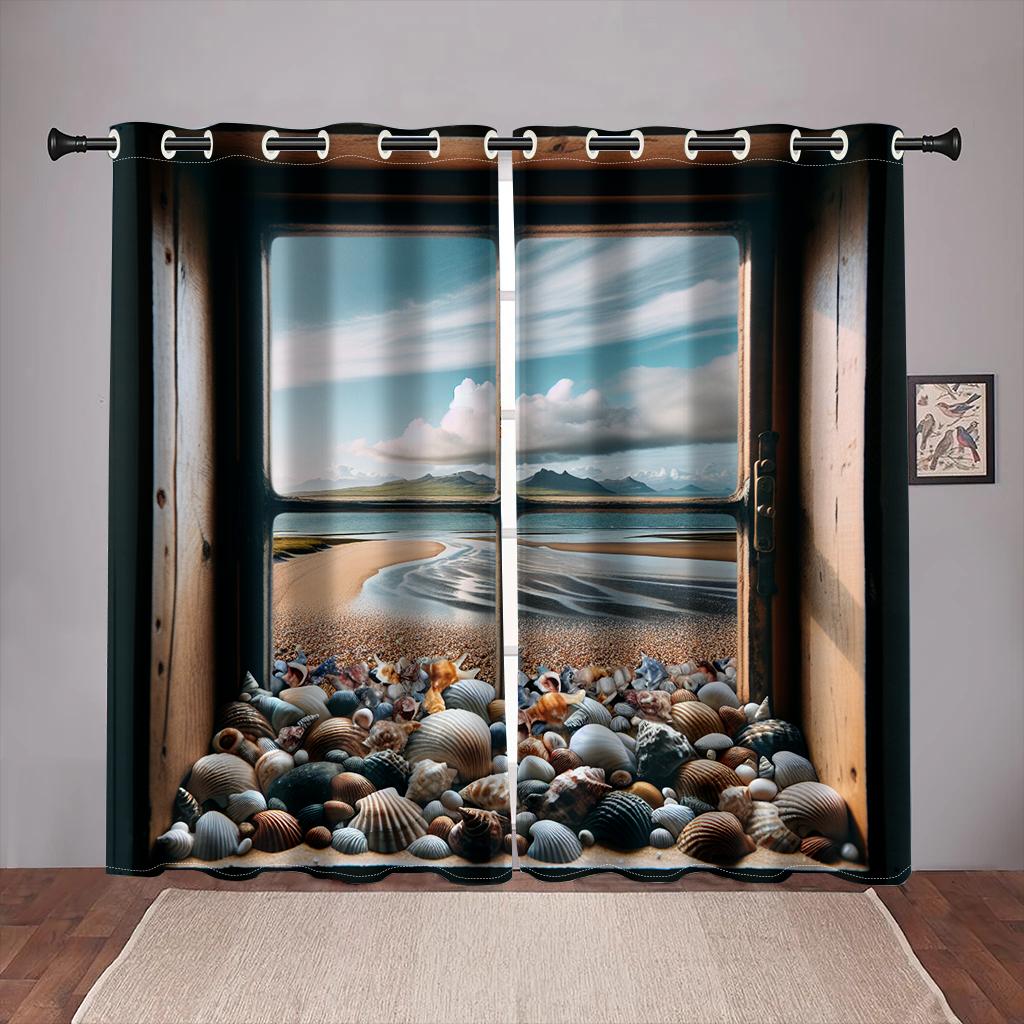 Summer View Beach Ocean Shell Natural Senery Tree Curtains for Bedroom Window Drapes Living Room Home Decoration Kitchen Office