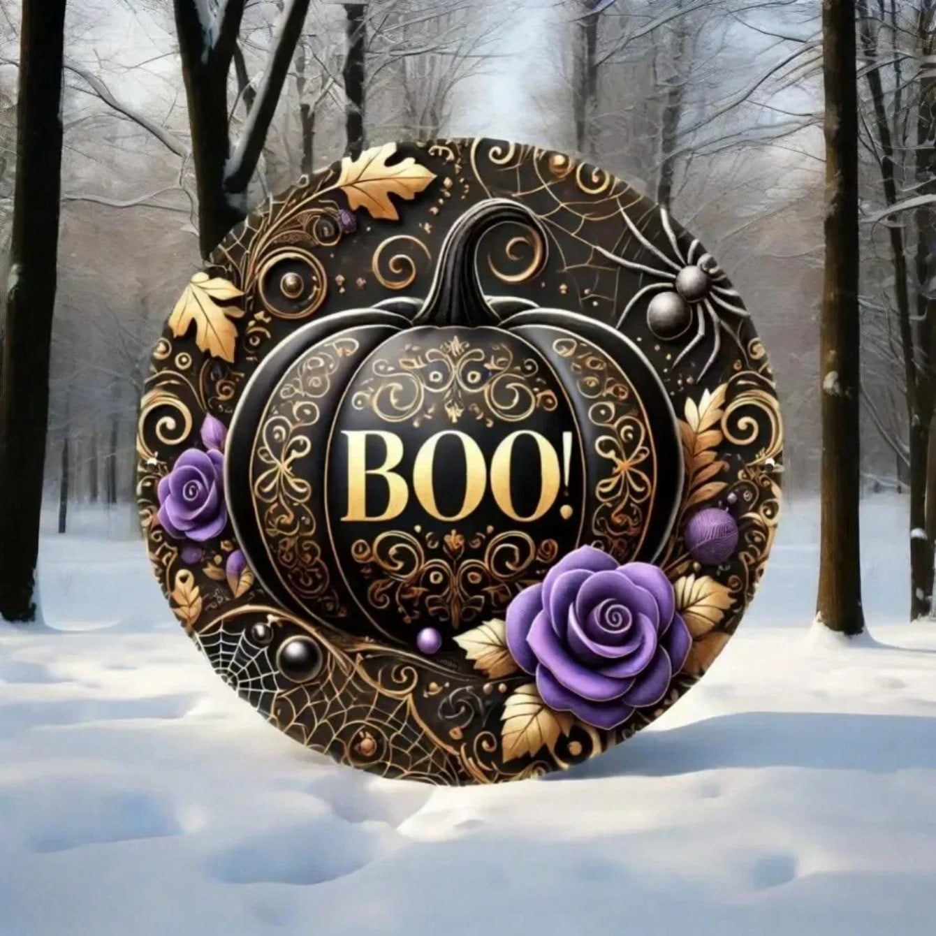 Halloween Black Pumpkin Wall Decor Gold Purple Roses Spider Web Metal Art разноцветный