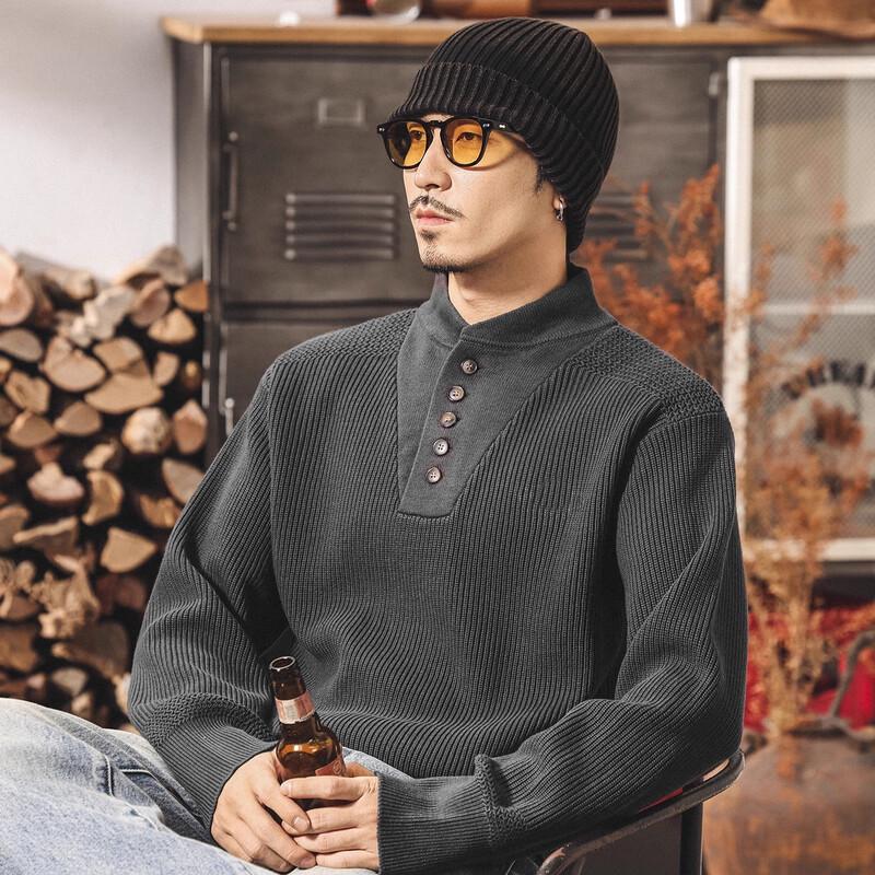 

JIERUINO Men s American Retro Thickened Henley Knit Sweater 3XL