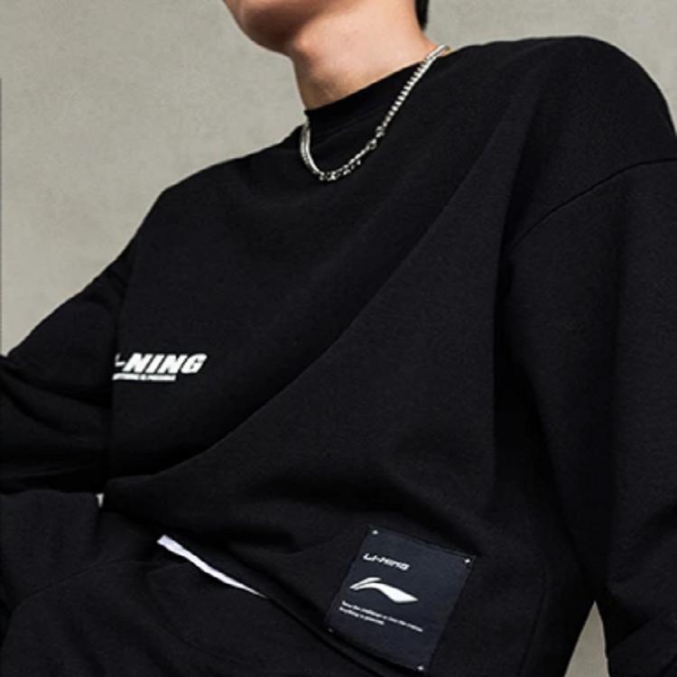 Li-Ning Letter Logo Print Crew Neck Sweatshirt Men Tops Black AWDT683-2