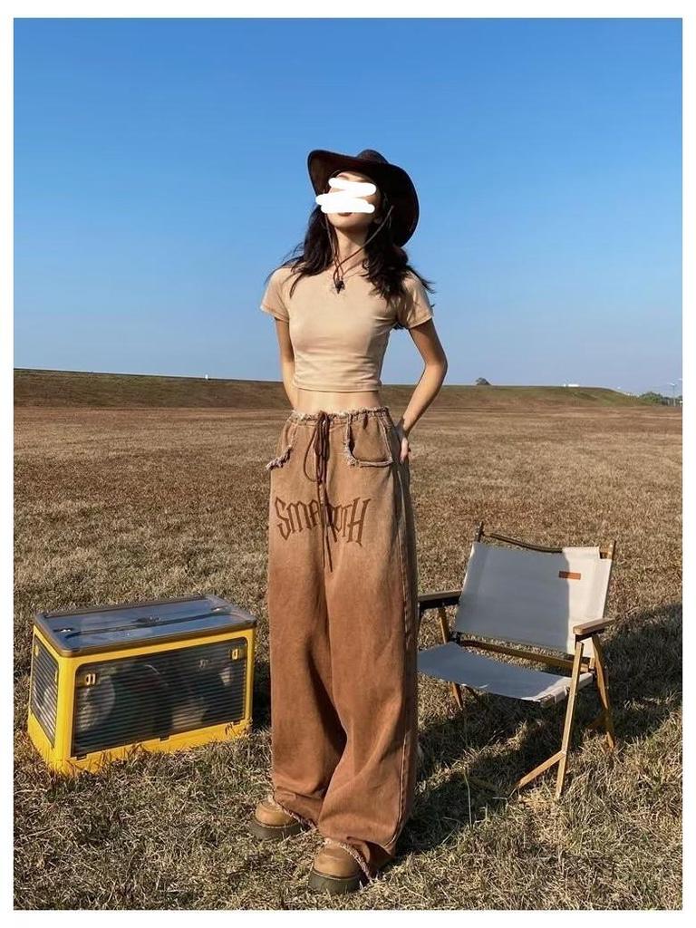 Women's American Retro Gradient Jeans: Large Size, Slim, Wide-Leg, Raw Edge Design for Spring and Autumn