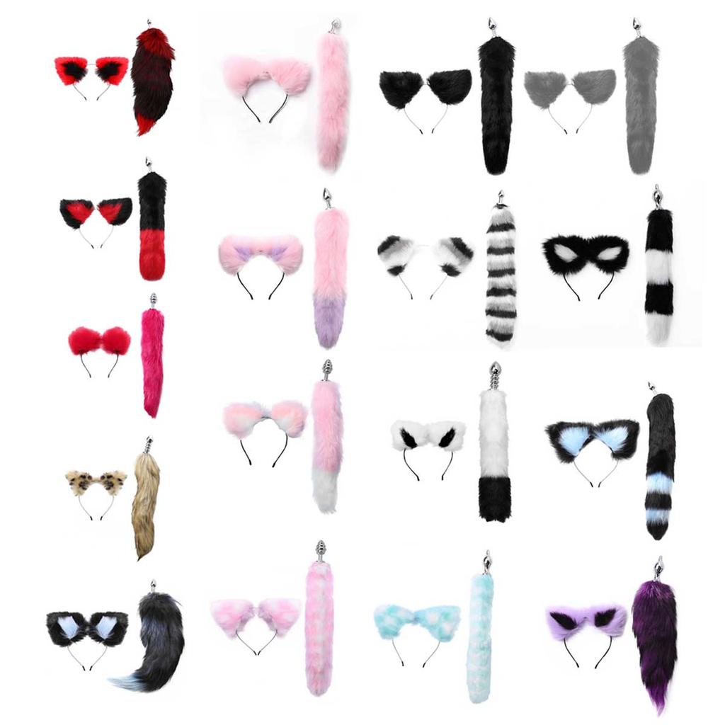 Frauen Erotische Cosplay Sex Kostüm Set Schwanz Metall Anal Butt Plug Spielzeug mit Faux Pelz Tier Ohren Stirnband Erwachsene Sex spiel