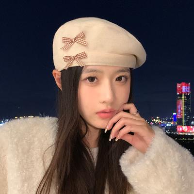 Sweet and Cute Versatile Bow Beret Autumn and Winter Casual Korean Version Big Head Painter Hat Fashion Newspaper Boy Hat