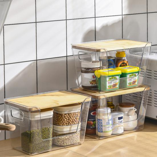 Kitchen Storage Containers with Wood Lid Transparent Plastic Pantry Organizer for Countertop Moisture Proof
