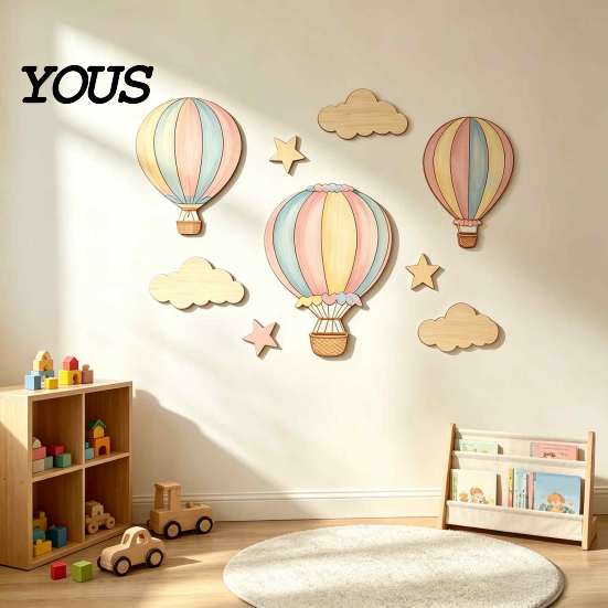 Kids Room Aesthetic Wall Decor 9 Pcs Hot Air Balloon Nursery Decor, Boho Wooden Art Sign, Modern for Cute Balloons Stars Clouds Baby Shower Decoration