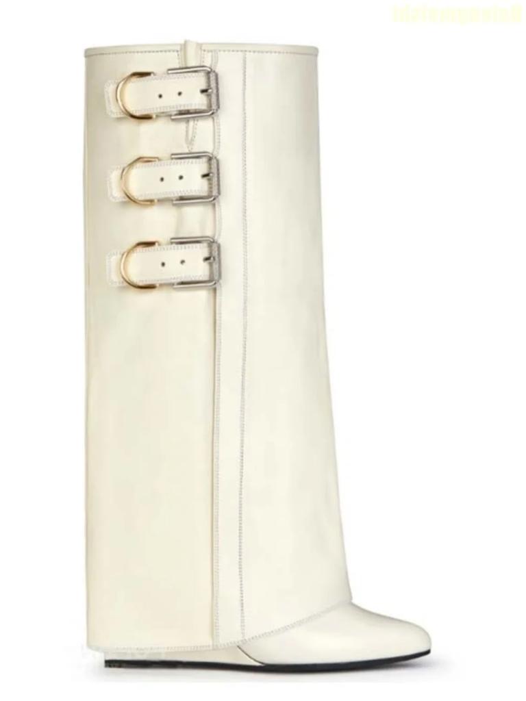 Black/white/red Leather Mid-Calf/knee-High Boots 2025 New Wedges Shark Boots Metal Belt Buckle Latest Catwalk Boots