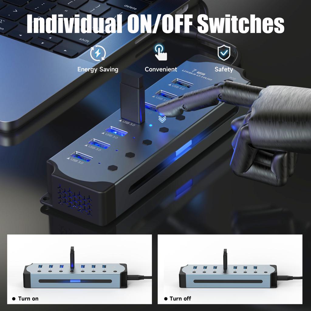 10 In 1 Powered USB HUB USB 3.0 Interface Individual Switch RGB E-Marker Heat Dissipation Design DC 5V Power Supply Adapter