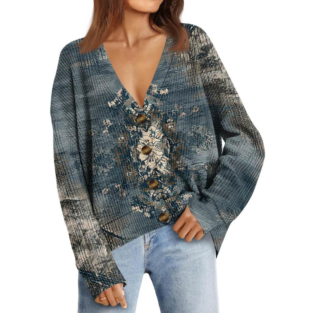Women's Fashion Long Sleeve Christmas Print V-Neck Button Loose Cardigan Top