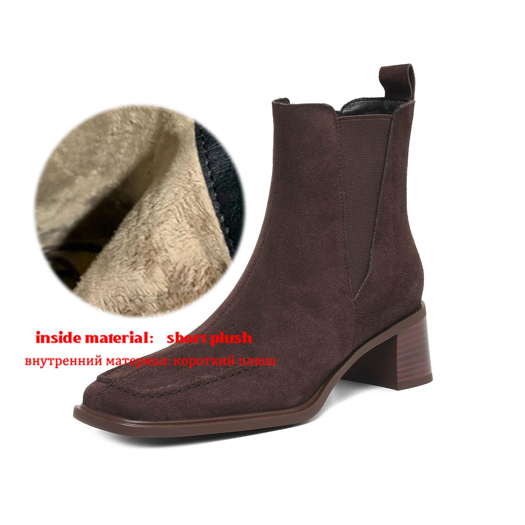 

Krazing Pot Cow Suede Nubuck Square Toe High Heels Chelsea Boots Size 42 Slip on Women European Style Ankle Boots 42