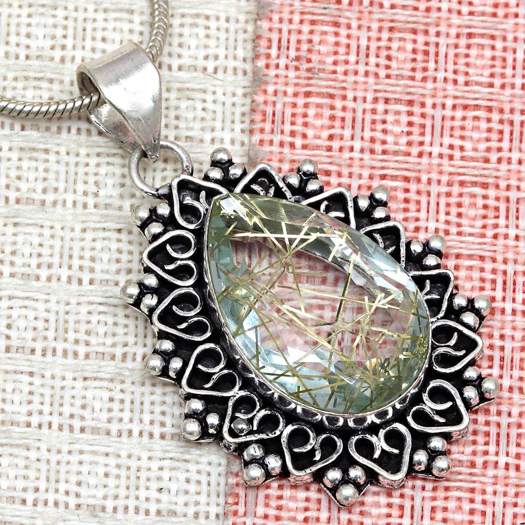 Rutile  Golden Set Earring Jewelry 18-20'' Pendant Quartz Sterling