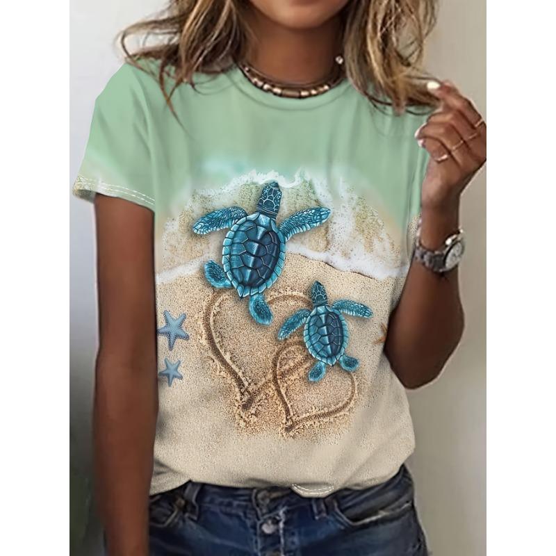 

Mint Beach Turtle Women s Tee - Blue Turtle Pair & Heart Sand Graphic, Coastal Vacation Print Design for Casual Daily Wear L