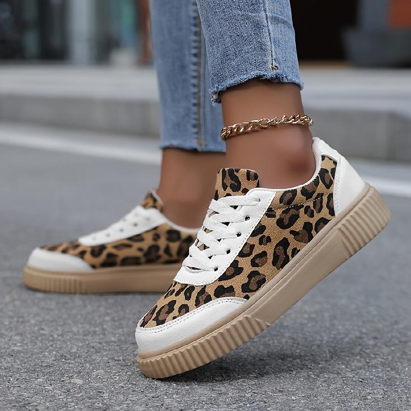 [Leopard Print Sneakers] Women's Beige&Black Low-Top Platform Sneakers Lace-Up Cushioned Breathable All-Season Casual Sports