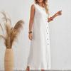Abito Canotta in Cotone Lino da Donna Casual Senza Maniche Bottoni Girocollo Maxi Abito Estivo Ampio con Spacco Abito da Spiaggia