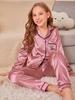 Set Pigiama Lungo Manica Lunga da Bambina in Raso Setoso Rosa Polveroso Ricamo Collo a Revers Bottone Pantaloni Lunghi Loungewear Pigiama per Ragazze Teen 8-12Y