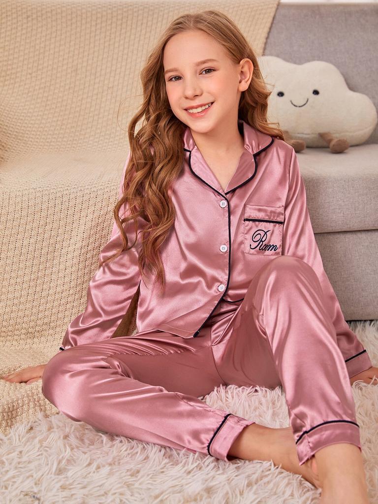 Set Pigiama Lungo Manica Lunga da Bambina in Raso Setoso Rosa Polveroso Ricamo Collo a Revers Bottone Pantaloni Lunghi Loungewear Pigiama per Ragazze Teen 8-12Y