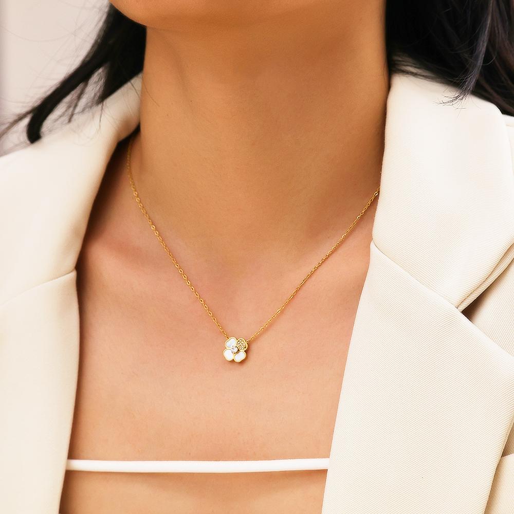 XIXI Waterproof 18K Gold Plated Four Leaf Clover Flower Zircon Pendant Women Stainless Steel Fashion Jewelry Necklaces