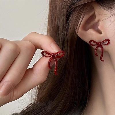 Temperament Encore Red Hollow Bowknot Stud Geometry Earring Jewelry Christmas Girl Friend Gift