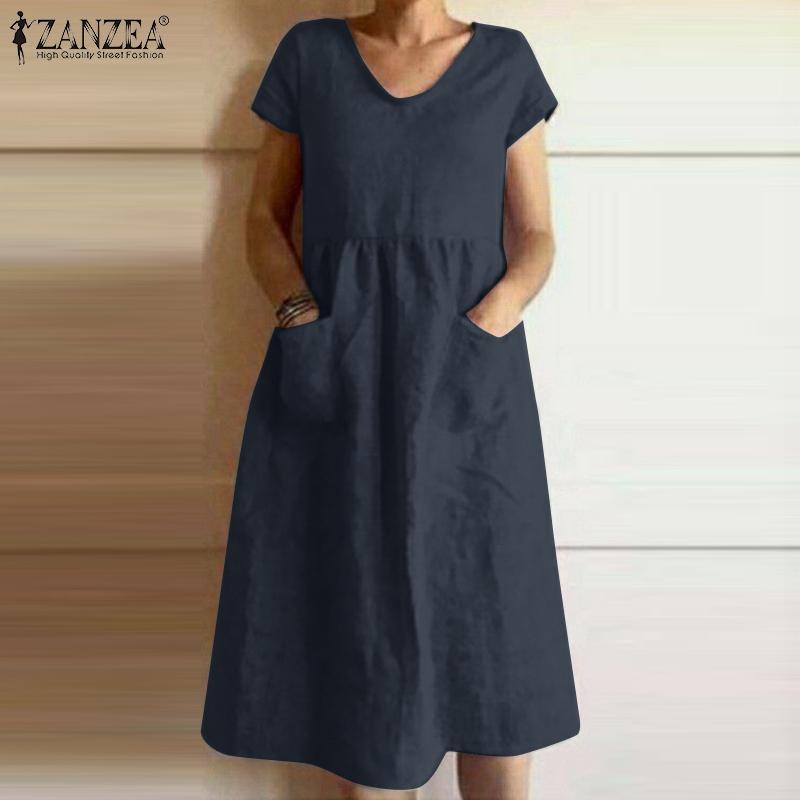 

ZANZEA Женское свободное повседневное летнее хлопковое платье с коротким рукавом с V-образным вырезом
