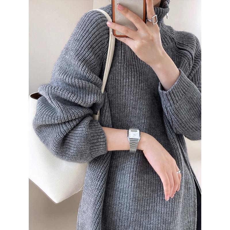 Lazy Style High Neck Zipper Solid Color High-end Knitted Sweater for Outerwear, Loose Long Sleeved Warm Top for Outerwear