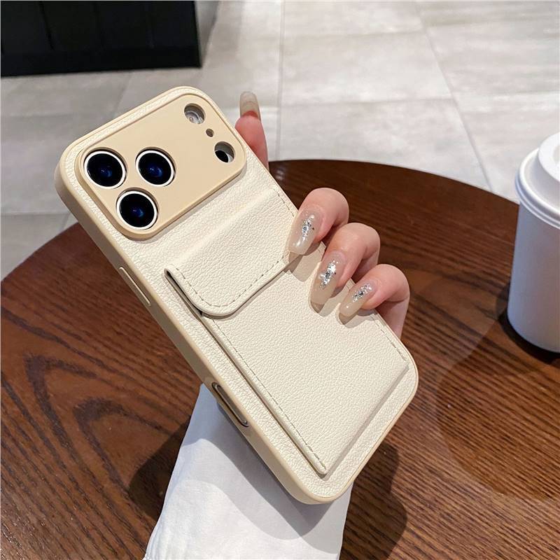 Applicable to iPhone17PROMAX mobile phone case, lychee leather pattern card bag bracket, advanced Apple 16 anti-drop protective case.