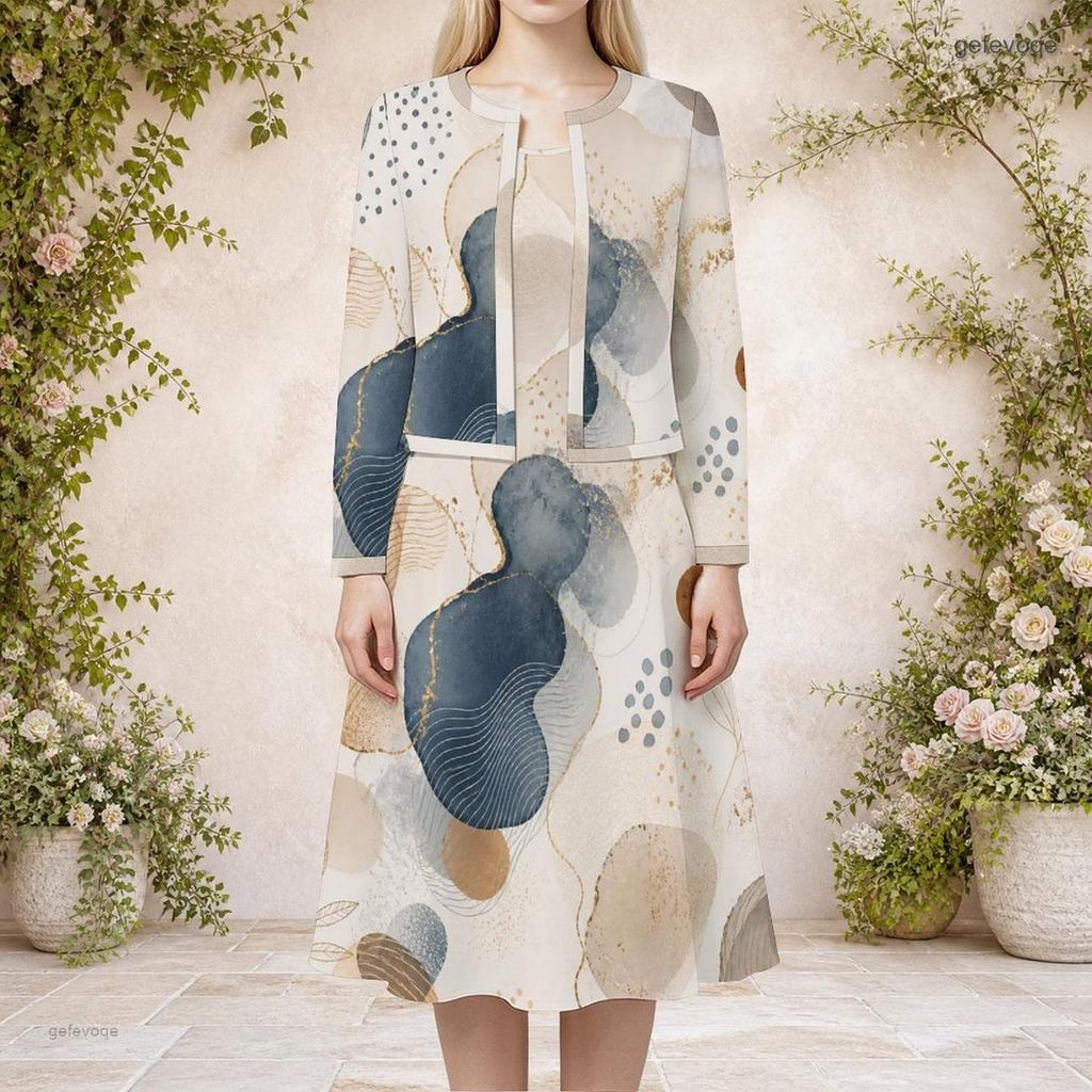 Women Plus Size Printed Round Neck Long Sleeve Cropped Cardigan Sleeveless Midi Dress Two Piece Set