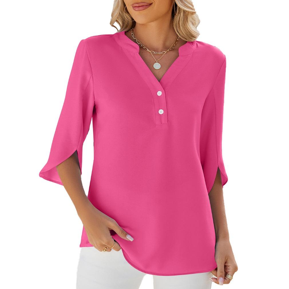IHUASU Spring/Summer Solid Color Button V-neck Loose Mid-sleeve Chiffon Blouse