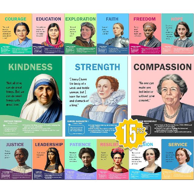 15pcs Women in History Posters with pirational Quotes, 11x14 Inch, Motivational Poster Educational Classroom Decor, Perfect for Teachers Students