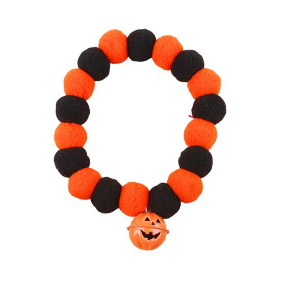 Small Dog Collar for Halloween Pom-Pom Pet Collar, Cute Stretch Cat with Pumpkin Stretchy Bell, Soft Black Orange Pom-Poms Cats Dogs
