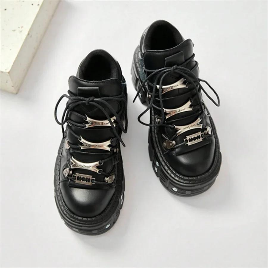 Fashion Punk Style Women Black Shoes Rock Metal Decor Lace-up Heel Height Platform Shoes Gothic Man Sneakers Women Ankle Boots New