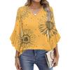 Women's Fashion Casual Seven-minute Sleeve Vintage Floral Print Top V-neck T-shirt Flared Sleeve Shirt