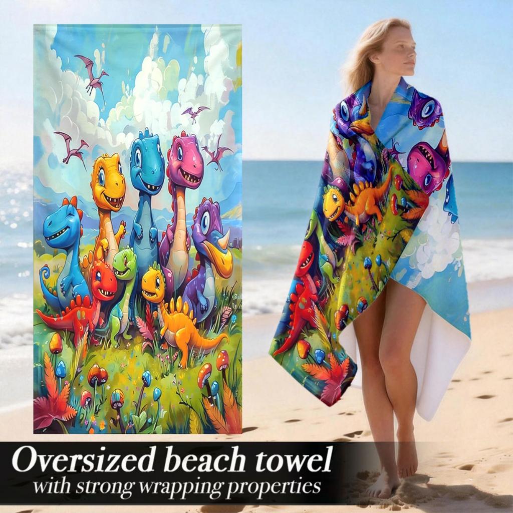 Cute Cartoon Dino Oversized Beach Towel Patterned Sunscreen And Windproof Suitable For Swimming Pool Camping Travel Blanket